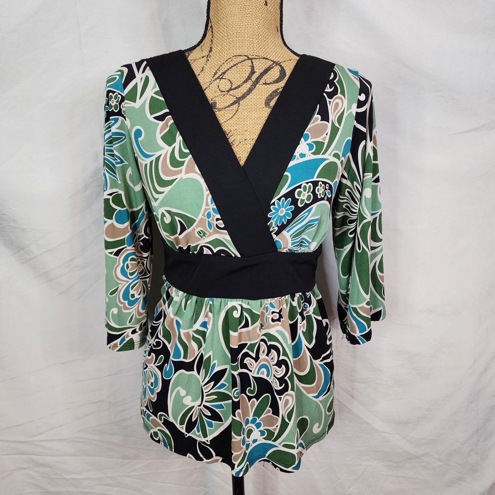 Y2K AB STUDIO Size Medium‎ Green Floral Hippie Fairy Boho Chic Peplum Blouse USA